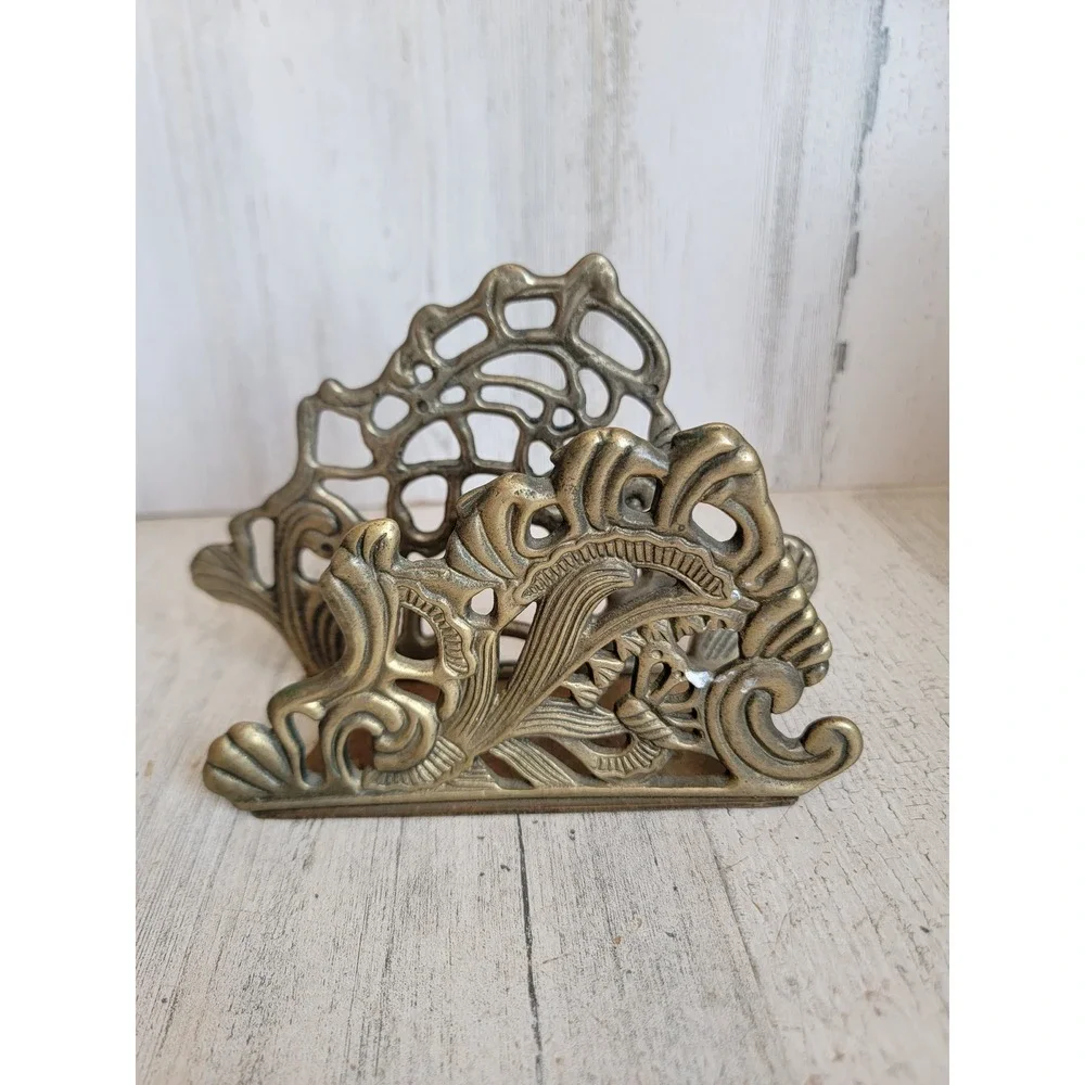 Vintage ornate napkin brass Unique letter holder metal home decor flower